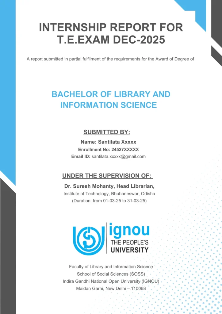 IGNOU Internship Report Front Page Free Template