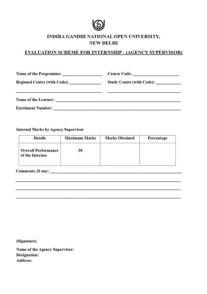 IGNOU Internship Evaluation Form PDF