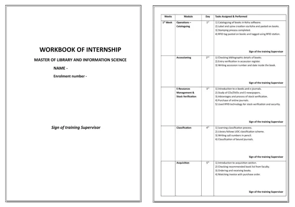 IGNOU BLIS MLIS Internship Workbook 2026 Sample PDF